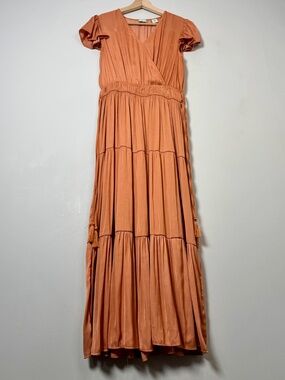 Joie Copper Rose Tiered Maxi Dress Flutter Sleeves and V-Neck Sz Medium